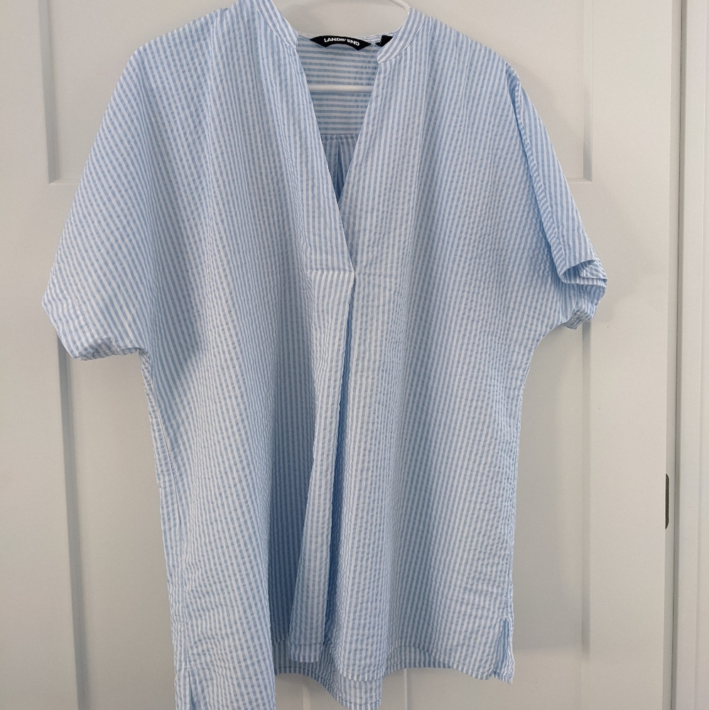 Lands' End Seersucker Short Sleeve Notch Neck Tunic Top XL
